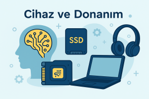 Cihaz ve donanım bileşenlerini gösteren çizim – laptop, SSD ve kulaklık