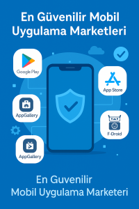 Google Play, App Store, AppGallery ve F-Droid gibi güvenilir mobil uygulama marketlerini gösteren infografik