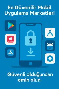 Uygulama marketleri güvenliği temalı görsel: kilit simgeli telefon ve Google Play, App Store, F-Droid ikonları