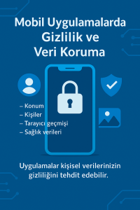 Mobil uygulamalarda veri güvenliği ve kullanıcı gizliliğini anlatan Türkçe bilgilendirici grafik