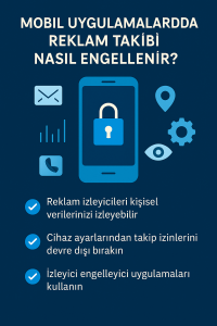 Mobil uygulamalarda reklam takibini engelleme yöntemlerini gösteren infografik, cihaz simgeleri ve güvenlik ikonlarıyla