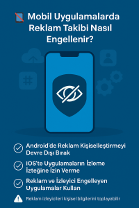 Mobil cihazlarda reklam izleyicilerini engelleme yöntemlerini açıklayan bilgilendirici Türkçe grafik